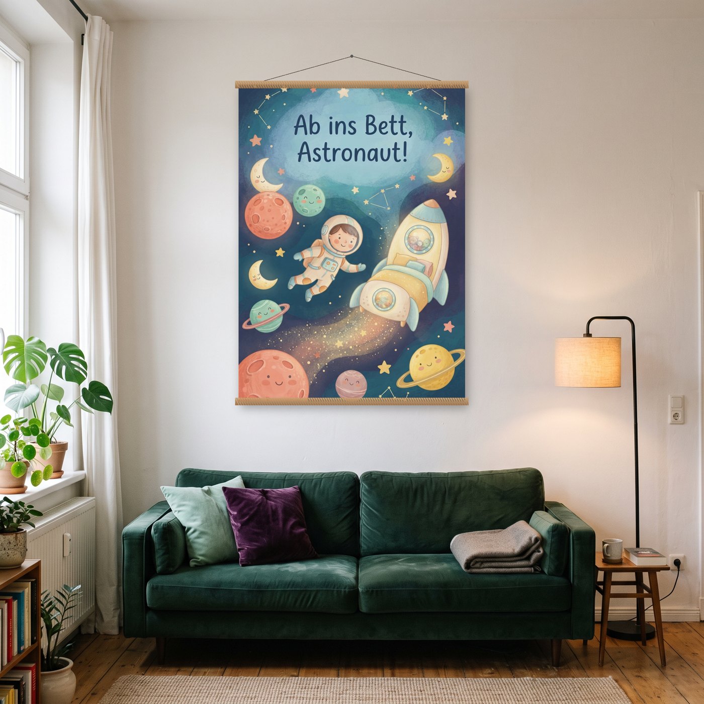 Ab ins Bett, Astronaut – Poster mit Posterleiste an der Wand