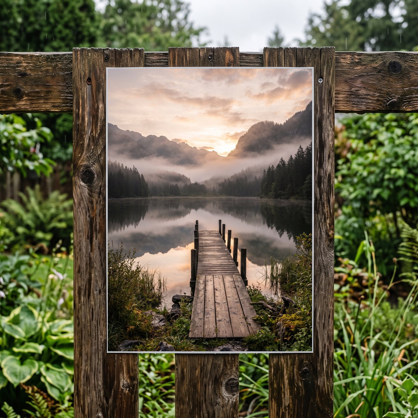 Wasserfestes Poster mit eigenem Foto draußen am Holzzaun im Garten